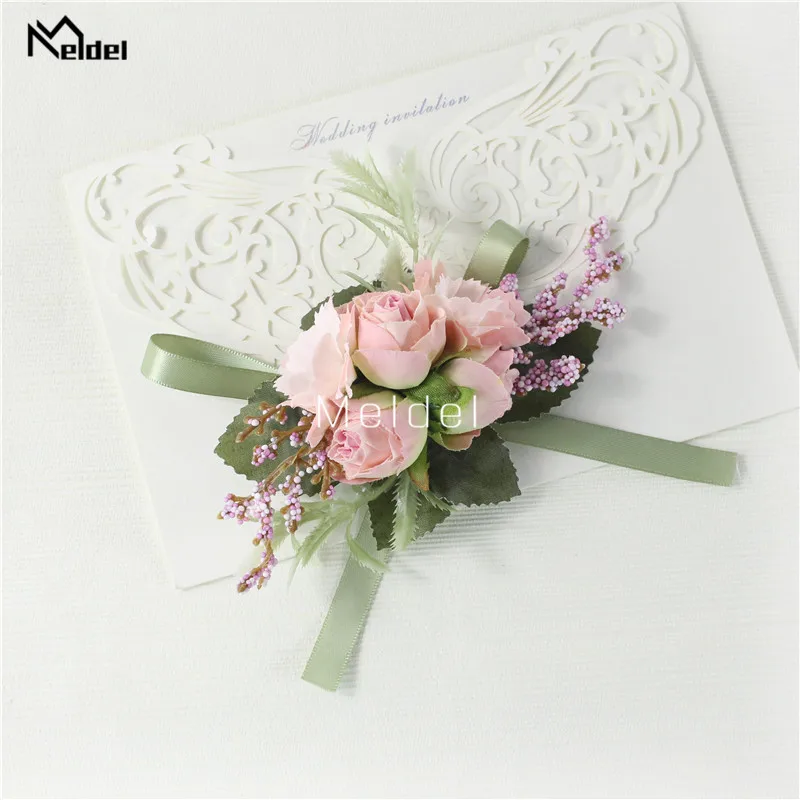 Meldel Wrist Corsage Wedding Men Boutonniere Girl Bracelet Groom Pins Bridesmaid Wrist Corsage Flower Silk Red Rose Boutonniere