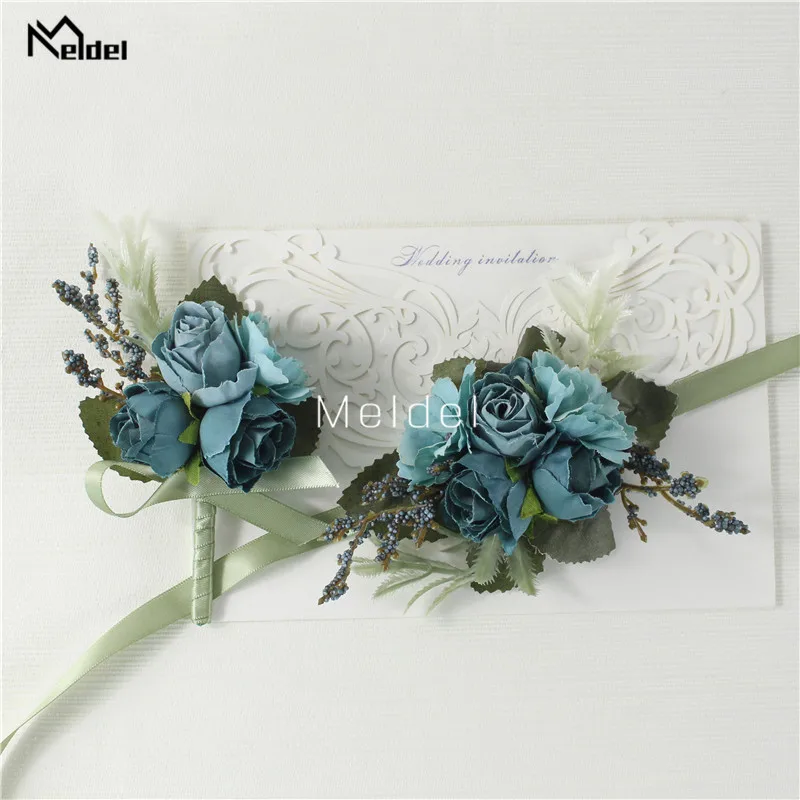 Meldel Wrist Corsage Wedding Men Boutonniere Girl Bracelet Groom Pins Bridesmaid Wrist Corsage Flower Silk Red Rose Boutonniere