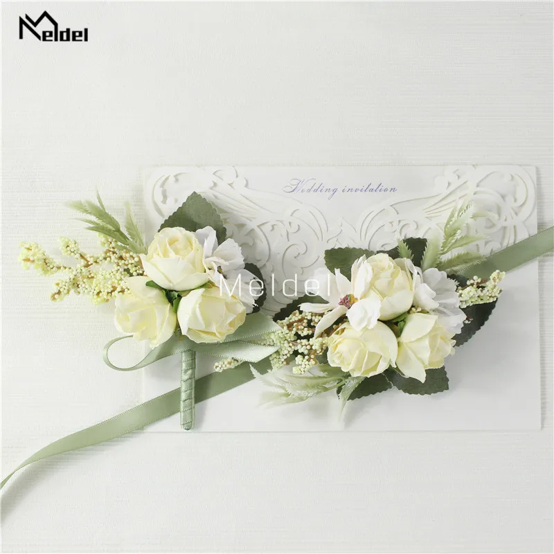 Meldel Wrist Corsage Wedding Men Boutonniere Girl Bracelet Groom Pins Bridesmaid Wrist Corsage Flower Silk Red Rose Boutonniere