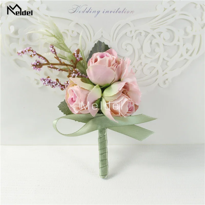 Meldel Wrist Corsage Wedding Men Boutonniere Girl Bracelet Groom Pins Bridesmaid Wrist Corsage Flower Silk Red Rose Boutonniere