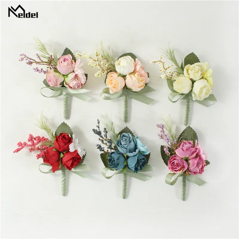Meldel Wrist Corsage Wedding Men Boutonniere Girl Bracelet Groom Pins Bridesmaid Wrist Corsage Flower Silk Red Rose Boutonniere