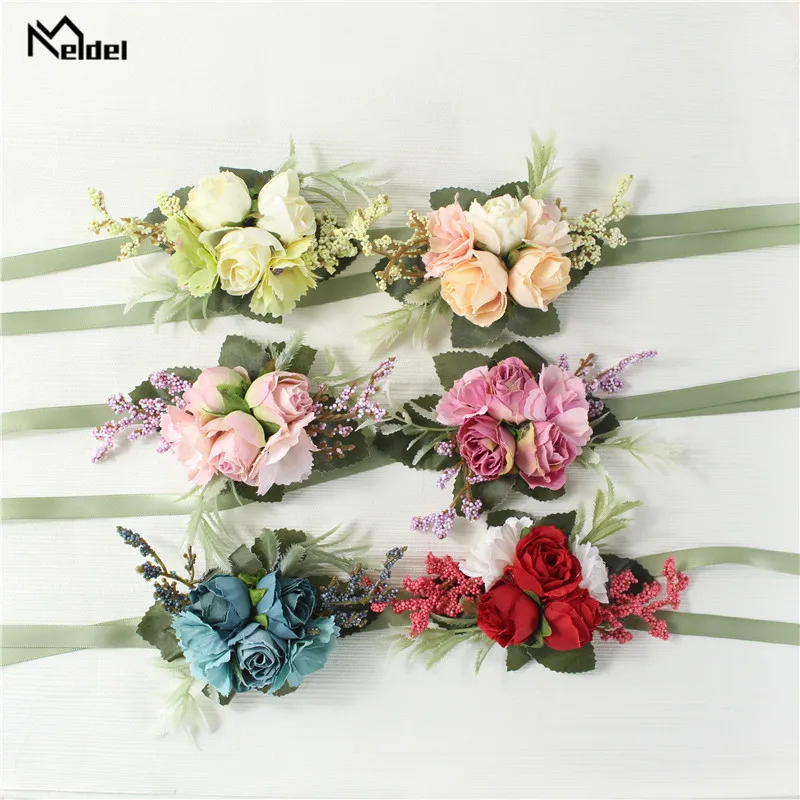 Meldel Wrist Corsage Wedding Men Boutonniere Girl Bracelet Groom Pins Bridesmaid Wrist Corsage Flower Silk Red Rose Boutonniere