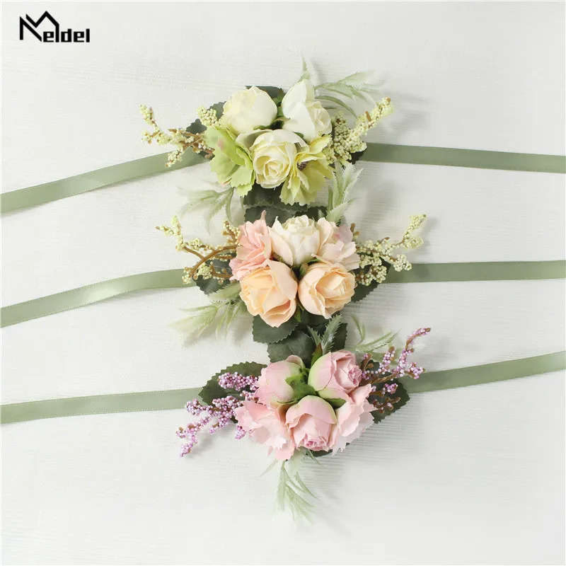 Meldel Wrist Corsage Wedding Men Boutonniere Girl Bracelet Groom Pins Bridesmaid Wrist Corsage Flower Silk Red Rose Boutonniere