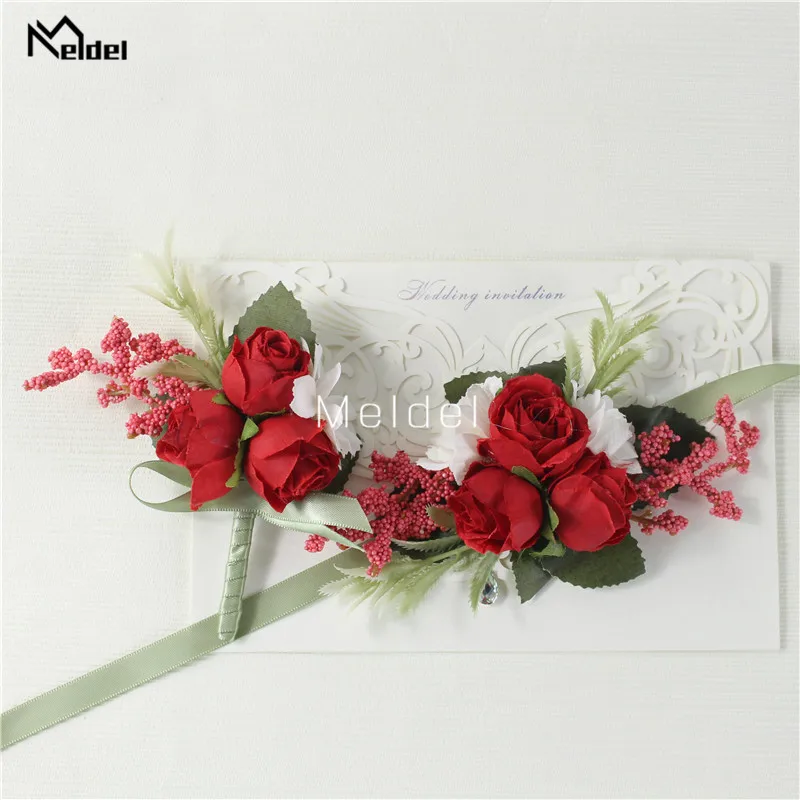 Meldel Wrist Corsage Wedding Men Boutonniere Girl Bracelet Groom Pins Bridesmaid Wrist Corsage Flower Silk Red Rose Boutonniere