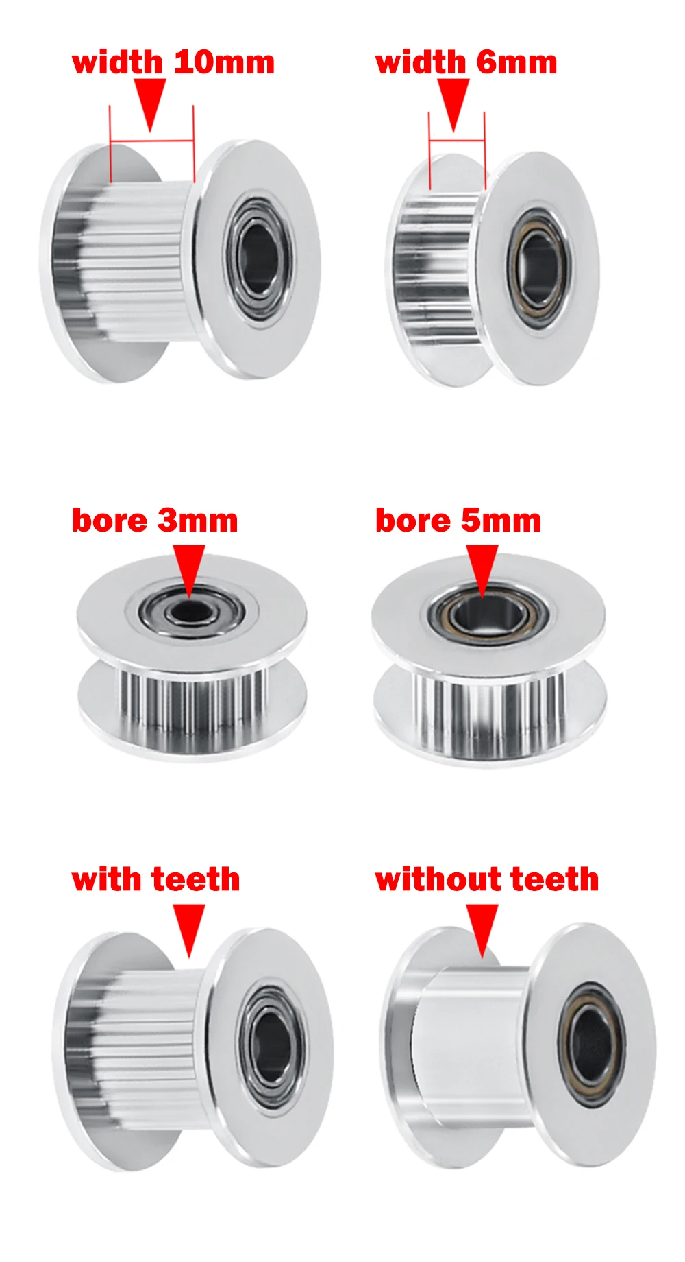GT2 Type Passive Synchronous Wheel 16/20 Tooth Teeth Aluminum Timing Drive Pulley for 3D Printer Gear Idler Pulley Wide 6mm/10mm