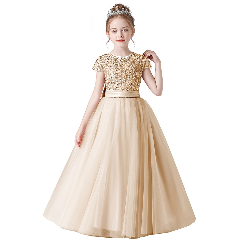 Sequin Half Sleeve Girl Maxi Tulle Princess Dress Large Back Bow Kid Formal Gown Wedding Piano Recital Birthday Pageant Costume