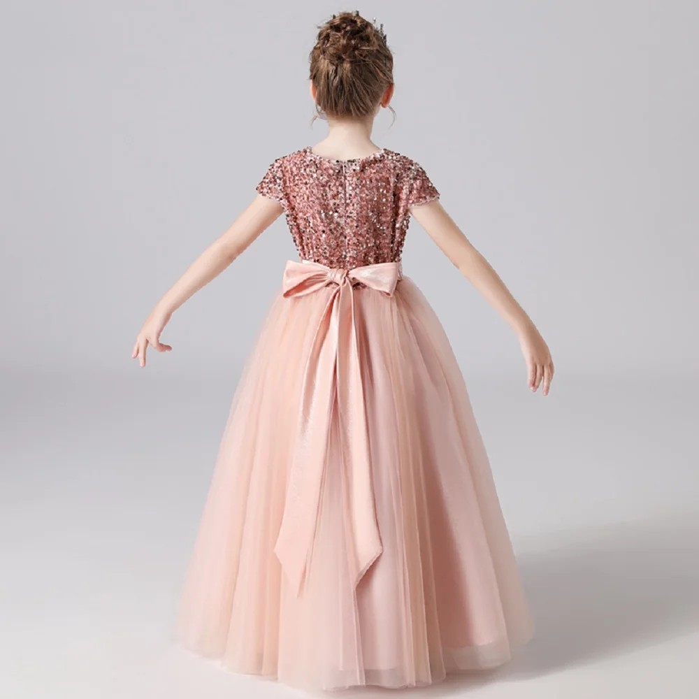 Sequin Half Sleeve Girl Maxi Tulle Princess Dress Large Back Bow Kid Formal Gown Wedding Piano Recital Birthday Pageant Costume