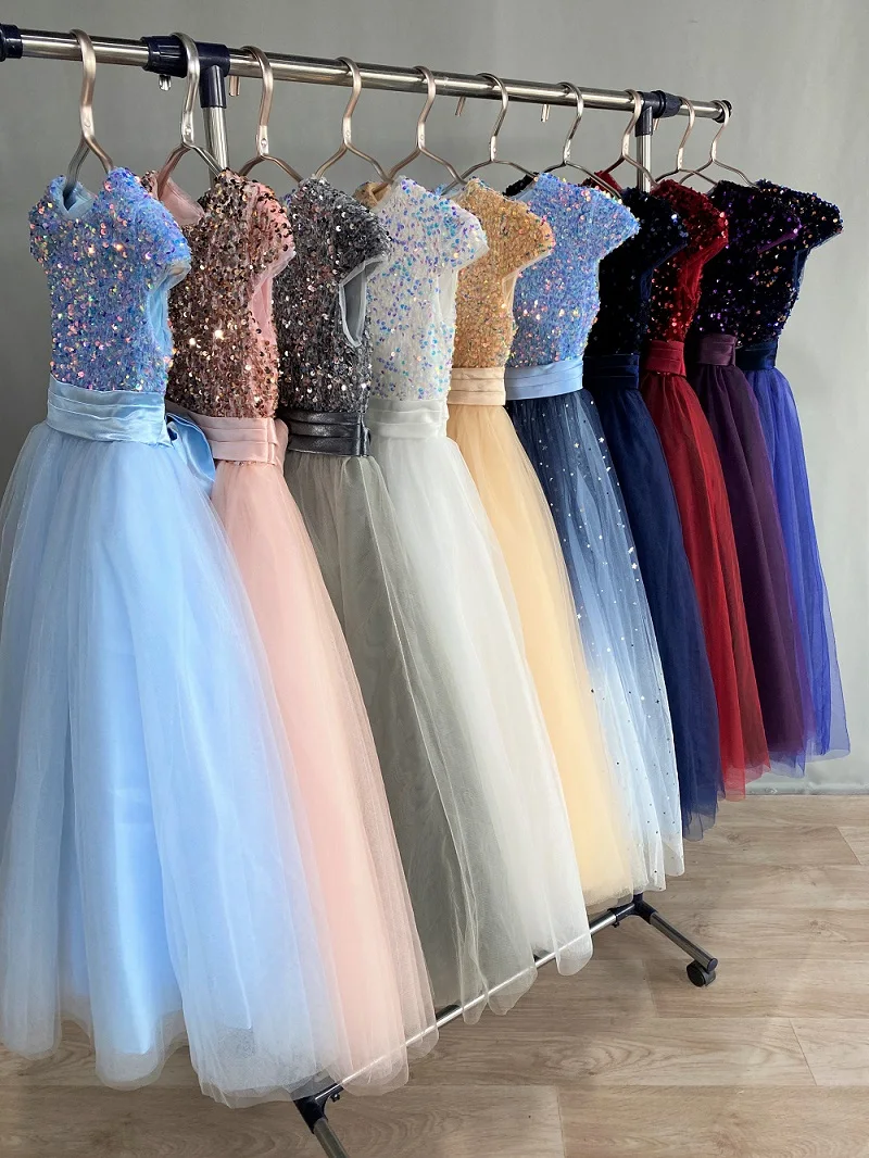 Sequin Half Sleeve Girl Maxi Tulle Princess Dress Large Back Bow Kid Formal Gown Wedding Piano Recital Birthday Pageant Costume