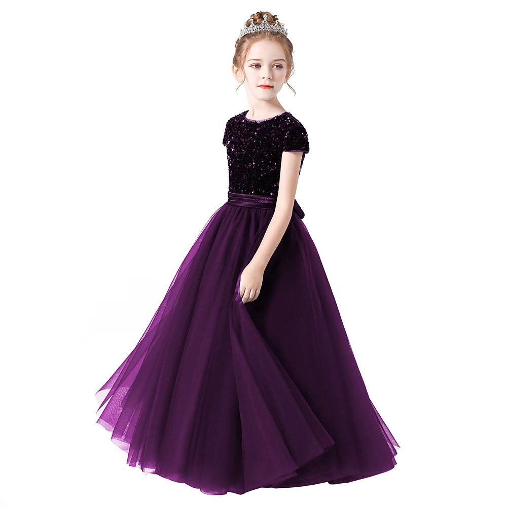 Sequin Half Sleeve Girl Maxi Tulle Princess Dress Large Back Bow Kid Formal Gown Wedding Piano Recital Birthday Pageant Costume