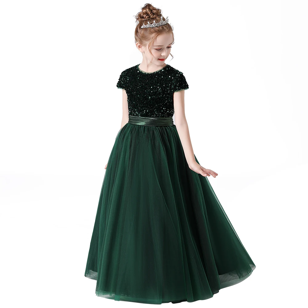 Sequin Half Sleeve Girl Maxi Tulle Princess Dress Large Back Bow Kid Formal Gown Wedding Piano Recital Birthday Pageant Costume