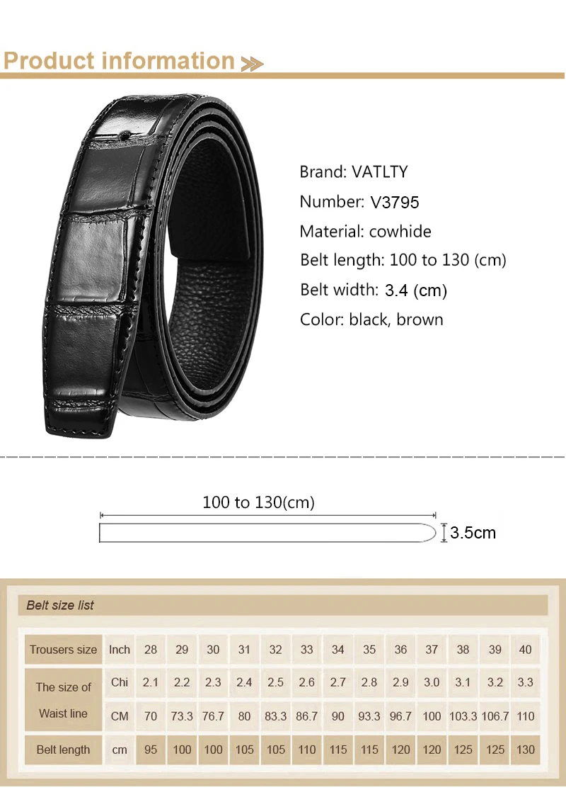 VATLTY Fashion Leather Belt Without Buckle for Men 35mm Natural Cowhide Trouser Belt Black Brown 130cm Belt Male Gifts