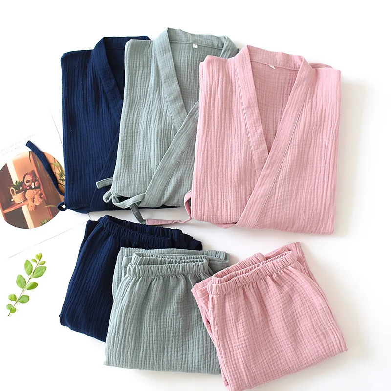 2026 Japanese Kimono Set 100%Cotton Pajamas Two-piece Couple Yukata Loose Men's And Women's Sweat Steaming Suit Home Service Set
