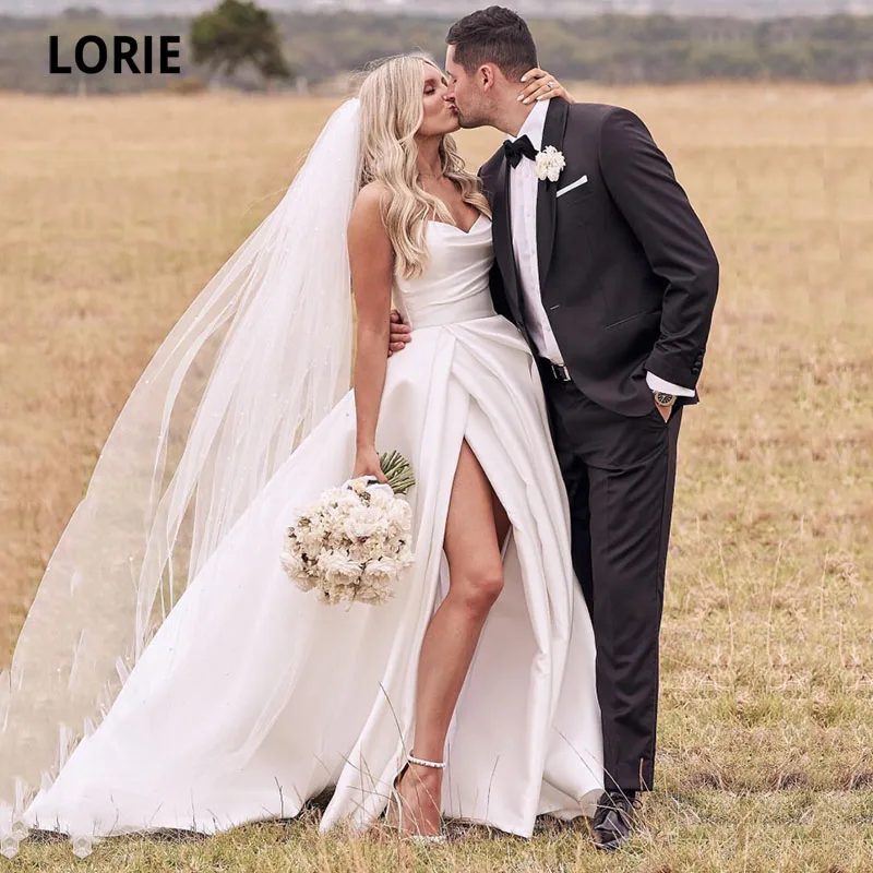 LORIE Satin Wedding Dresses Strapless A-Line Bridal Gown Princess Customzied Made High Split Wedding Gown vestido de noiva 2024