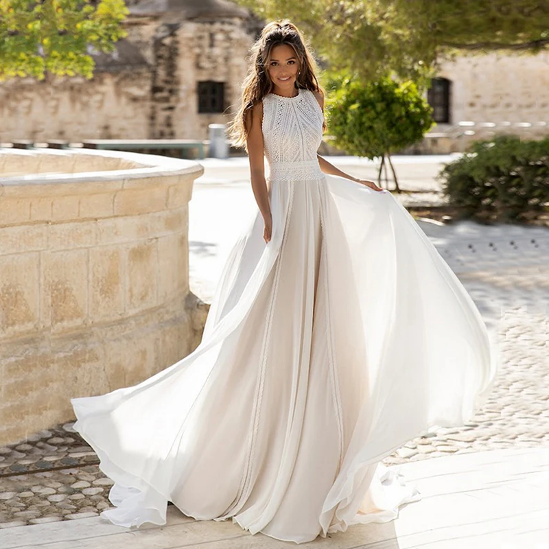 Latest Boho Wedding Dresses Lace Jewel Sleeveless Beach Bridal Gowns Chiffon Plus Size Bride Dresses 2024 Customized On Sale