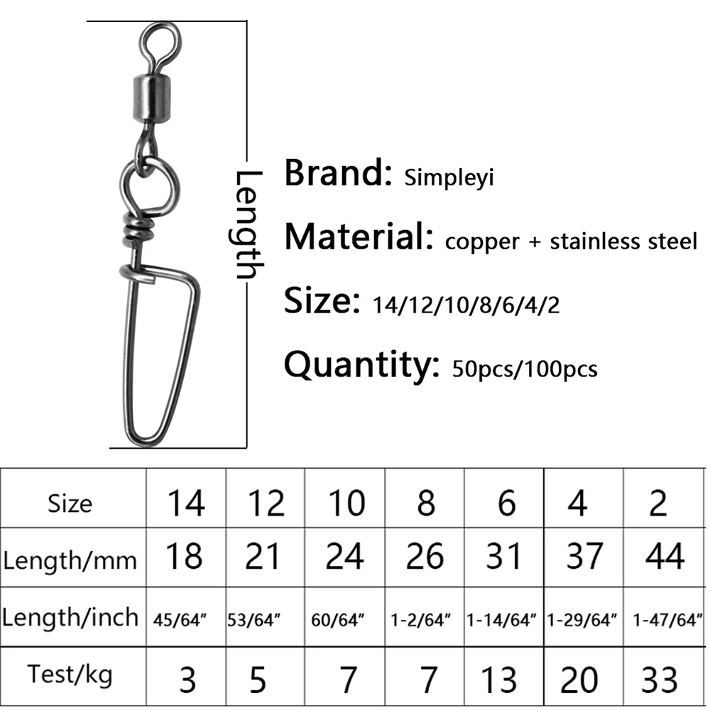 50-100pcs/ 1box Fishing Connector Swivels Interlock Pin Rolling Swivel With Hooked Snap For Fishhook Lure Fishing Accessories