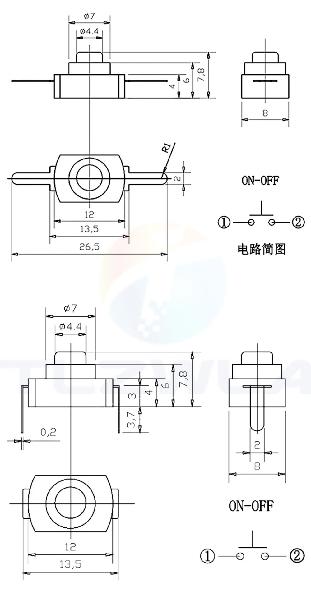 10PCS 12*8MM DC 30V 1A On Off Mini Push Button Switch for Electric Torch 1208YD Self Locking