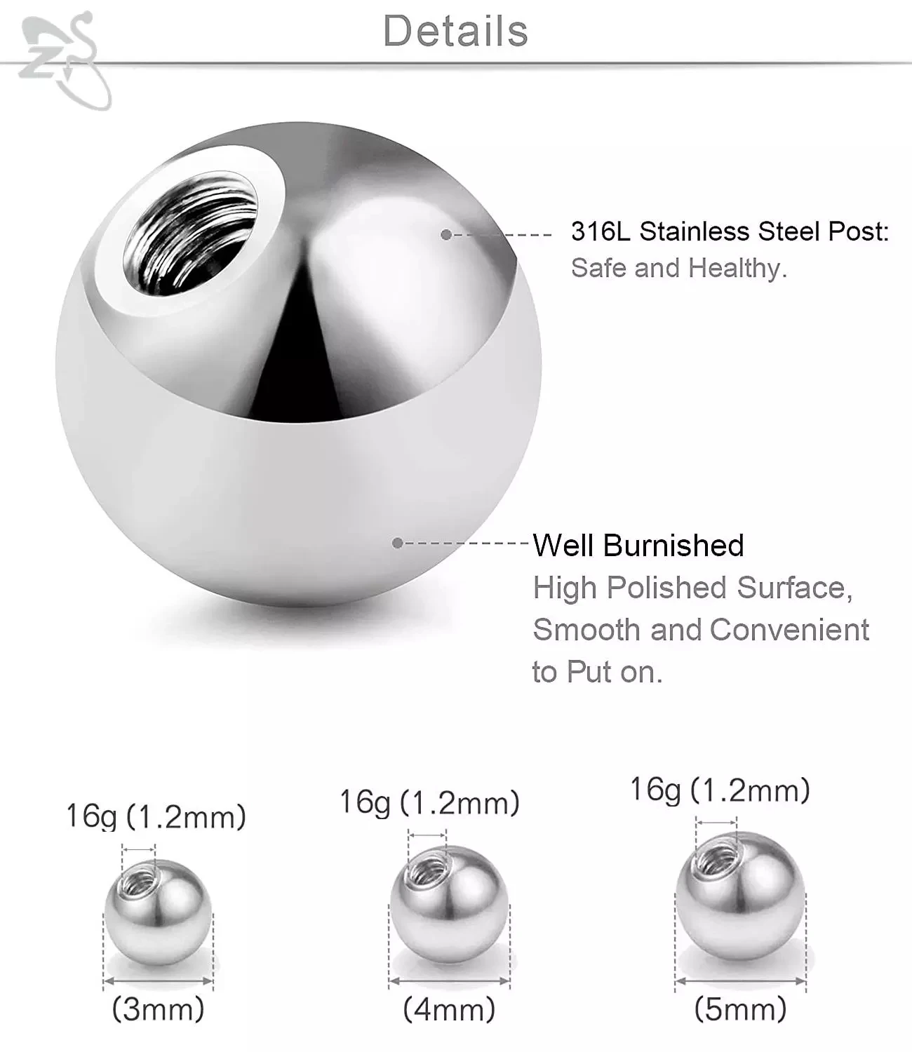 ZS 5-50Pcs 16G Stainless Steel Piercing Screw Replacement Ball Rose Gold Plated Earring Balls Nose Labret Helix Piercing Ball
