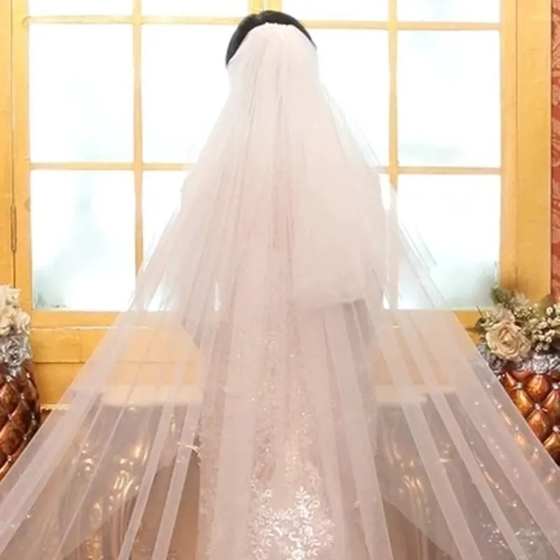 White/Ivory Two Layers Wedding Veil 5m Comb Bling Sequins Lace Mantilla Cathedral Bridal Veils Wedding Accessories Veu De Noiva
