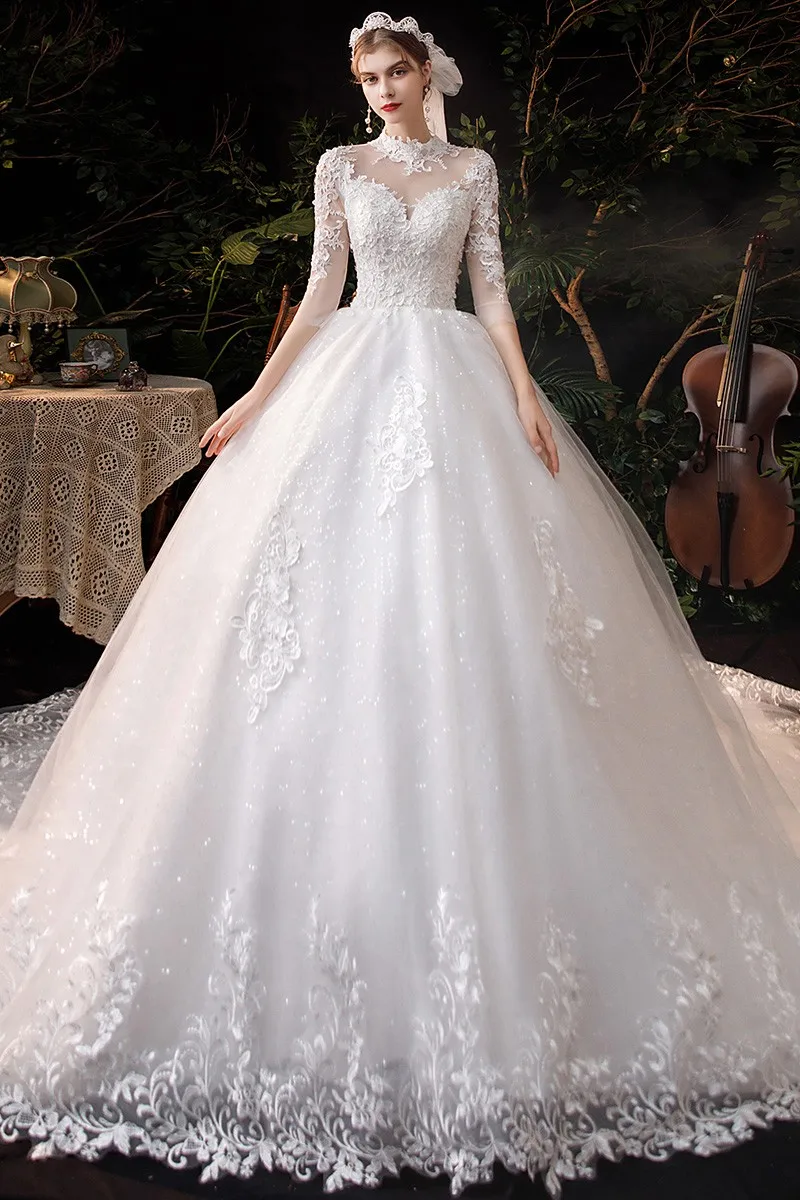 Vestido De Noiva Wedding Dress  Three Quarter Sleeve High Neck Luxury 1m Long Train Ball Gown Robe De Mariee Customized