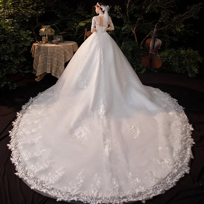 Vestido De Noiva Wedding Dress  Three Quarter Sleeve High Neck Luxury 1m Long Train Ball Gown Robe De Mariee Customized