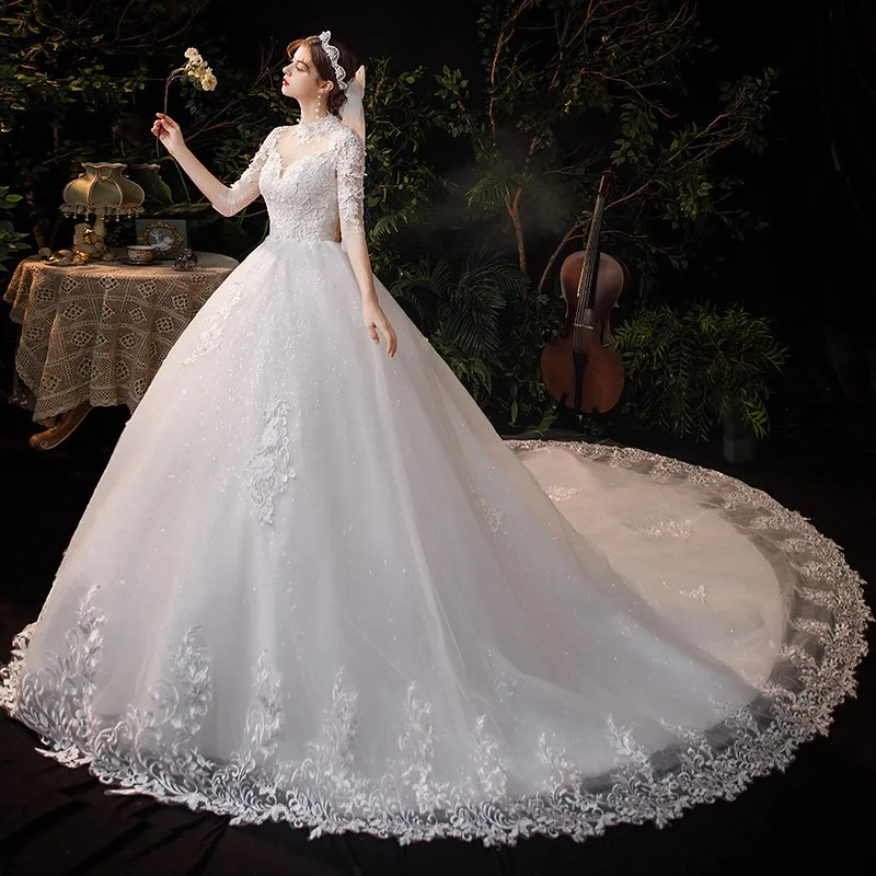 Vestido De Noiva Wedding Dress  Three Quarter Sleeve High Neck Luxury 1m Long Train Ball Gown Robe De Mariee Customized