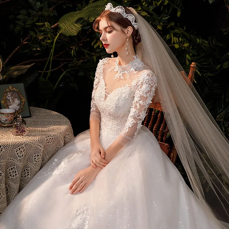 Vestido De Noiva Wedding Dress  Three Quarter Sleeve High Neck Luxury 1m Long Train Ball Gown Robe De Mariee Customized