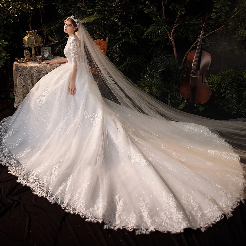 Vestido De Noiva Wedding Dress  Three Quarter Sleeve High Neck Luxury 1m Long Train Ball Gown Robe De Mariee Customized