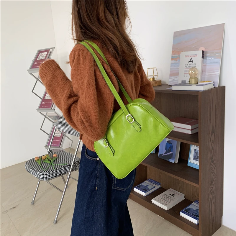 Fashion Women Green Big Shoulder Bags PU Leather Female Purse Handbags Large Capacity Ladies Daily Small Casual Tote Bolso Mujer