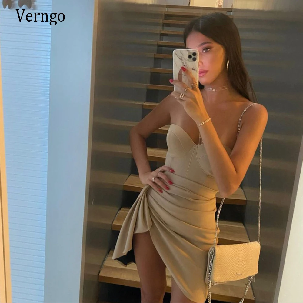 Verngo Simple Champagne Soft Satin Short Evening Party Dresses Sweetheart Pleats Sheath Asymmetric Prom Gowns Lady Customized
