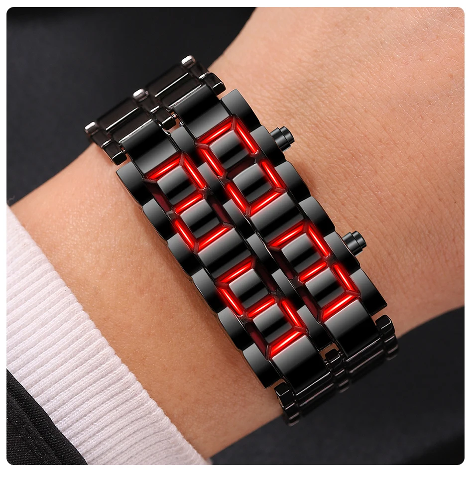 Fashion Mens Digital Lava Wrist Watch Men Black Full Metal Red Blue LED Display Watches Gifts for Male Boy Sport Creative Clock