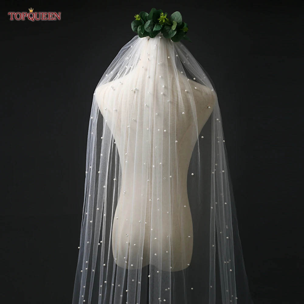 TOPQUEEN V05 Pearls Bridal Veil Soft 1 Tier Beaded Wedding Veil for Bride Cathedral Length with Comb Wedding Accessories