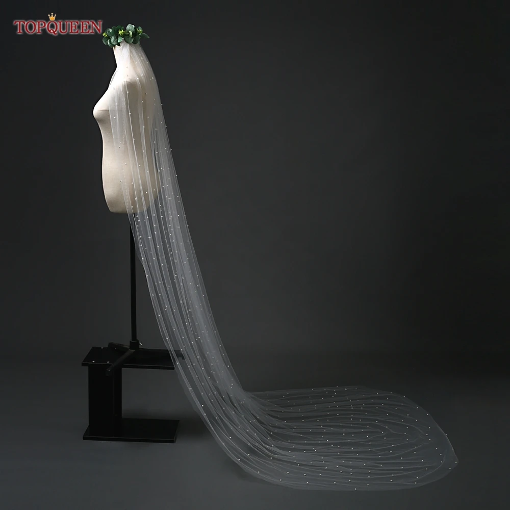 TOPQUEEN V05 Pearls Bridal Veil Soft 1 Tier Beaded Wedding Veil for Bride Cathedral Length with Comb Wedding Accessories