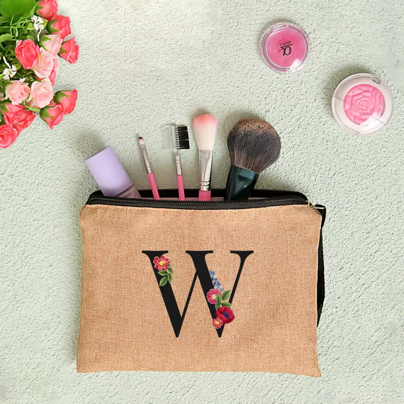 Floral Letter Print Women Linen Zipper Pouch Travel Organizer Case Mujer Bolsas Cosmetic Bag Makeup Bag Bridesmaid Makeup Bags