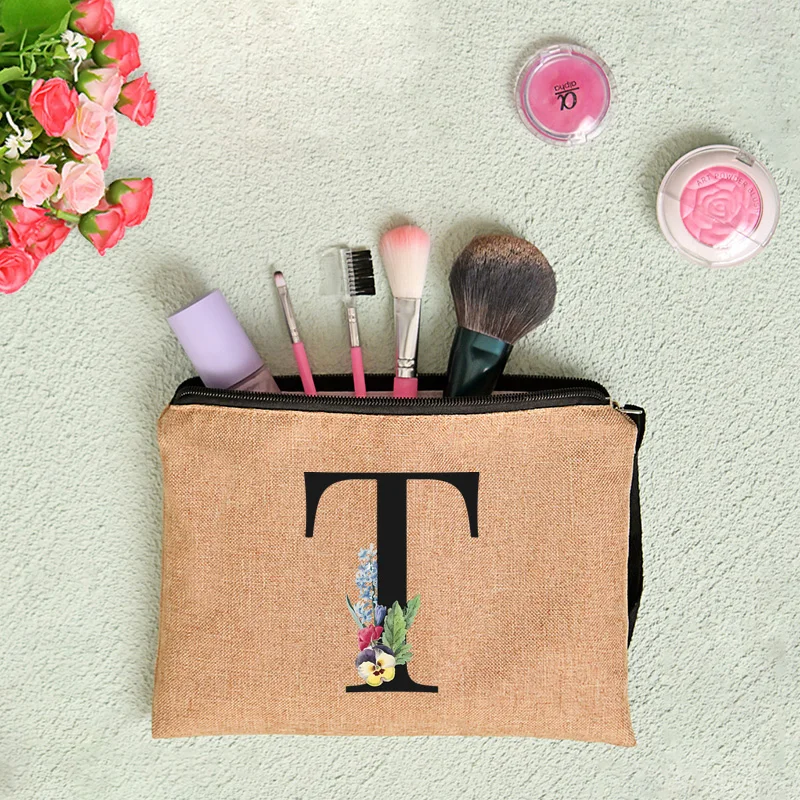 Floral Letter Print Women Linen Zipper Pouch Travel Organizer Case Mujer Bolsas Cosmetic Bag Makeup Bag Bridesmaid Makeup Bags