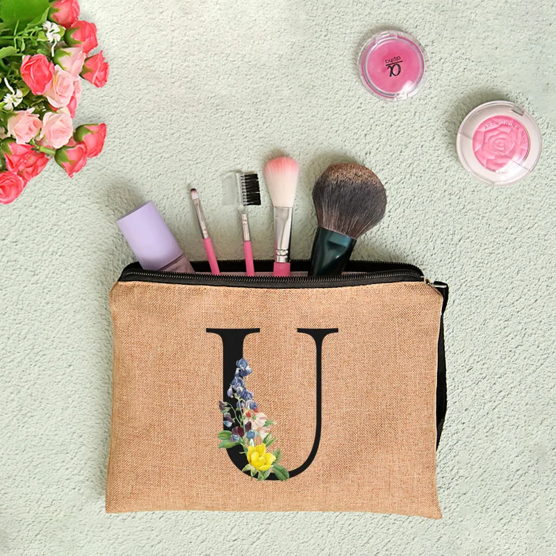 Floral Letter Print Women Linen Zipper Pouch Travel Organizer Case Mujer Bolsas Cosmetic Bag Makeup Bag Bridesmaid Makeup Bags