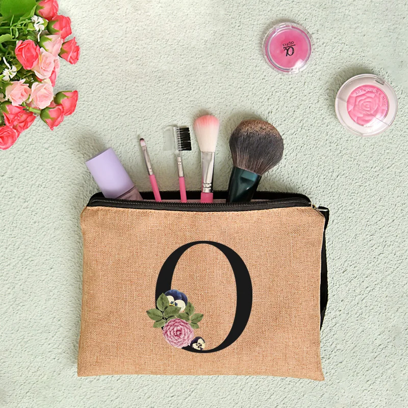 Floral Letter Print Women Linen Zipper Pouch Travel Organizer Case Mujer Bolsas Cosmetic Bag Makeup Bag Bridesmaid Makeup Bags