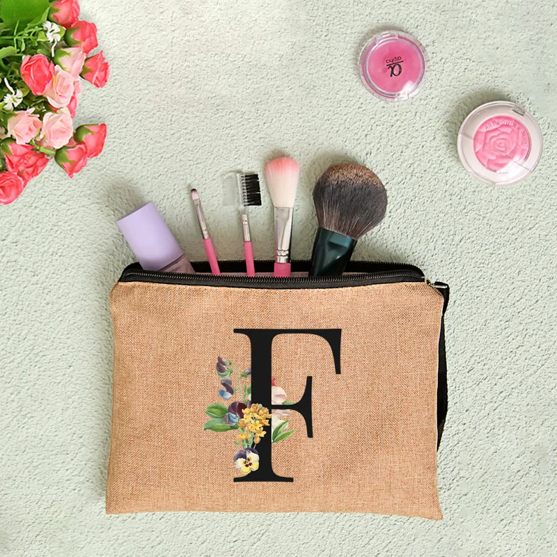 Floral Letter Print Women Linen Zipper Pouch Travel Organizer Case Mujer Bolsas Cosmetic Bag Makeup Bag Bridesmaid Makeup Bags