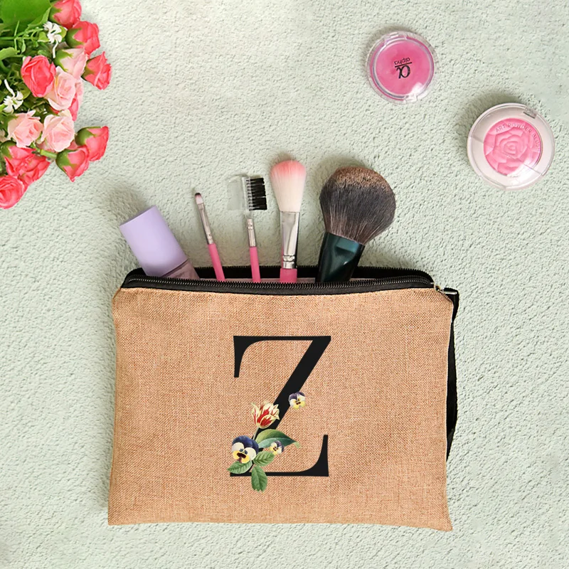 Floral Letter Print Women Linen Zipper Pouch Travel Organizer Case Mujer Bolsas Cosmetic Bag Makeup Bag Bridesmaid Makeup Bags