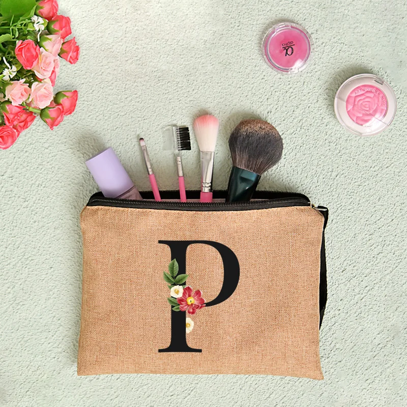 Floral Letter Print Women Linen Zipper Pouch Travel Organizer Case Mujer Bolsas Cosmetic Bag Makeup Bag Bridesmaid Makeup Bags