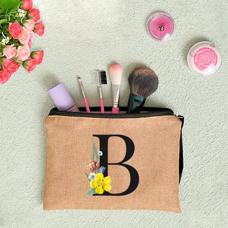 Floral Letter Print Women Linen Zipper Pouch Travel Organizer Case Mujer Bolsas Cosmetic Bag Makeup Bag Bridesmaid Makeup Bags
