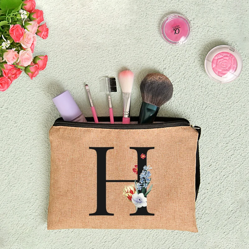 Floral Letter Print Women Linen Zipper Pouch Travel Organizer Case Mujer Bolsas Cosmetic Bag Makeup Bag Bridesmaid Makeup Bags