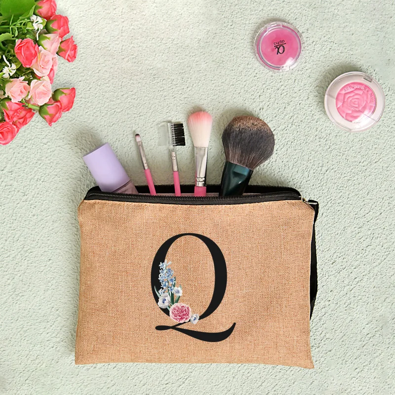 Floral Letter Print Women Linen Zipper Pouch Travel Organizer Case Mujer Bolsas Cosmetic Bag Makeup Bag Bridesmaid Makeup Bags