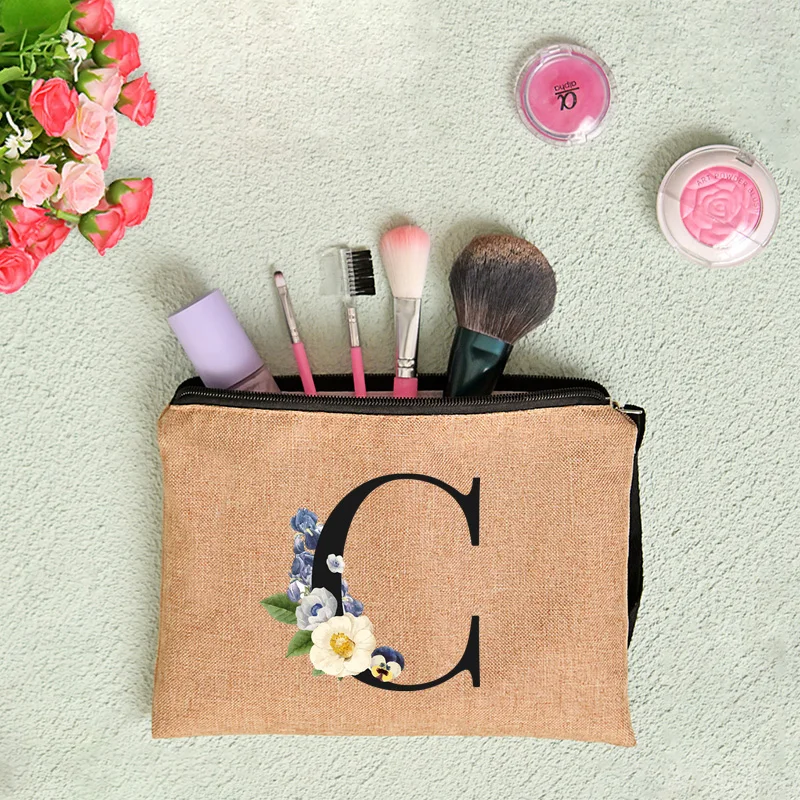 Floral Letter Print Women Linen Zipper Pouch Travel Organizer Case Mujer Bolsas Cosmetic Bag Makeup Bag Bridesmaid Makeup Bags