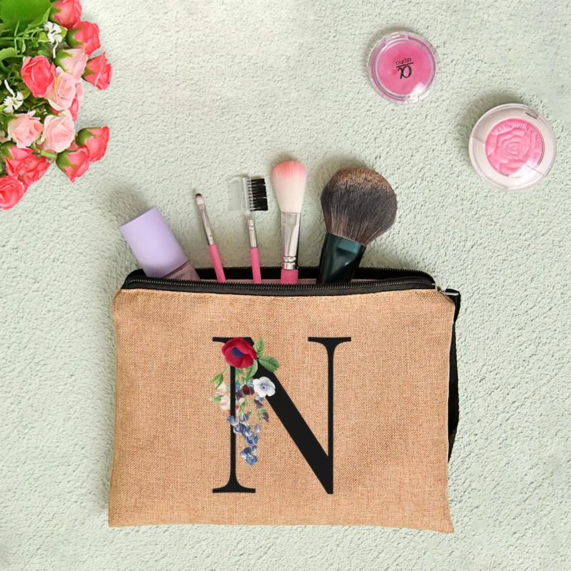 Floral Letter Print Women Linen Zipper Pouch Travel Organizer Case Mujer Bolsas Cosmetic Bag Makeup Bag Bridesmaid Makeup Bags