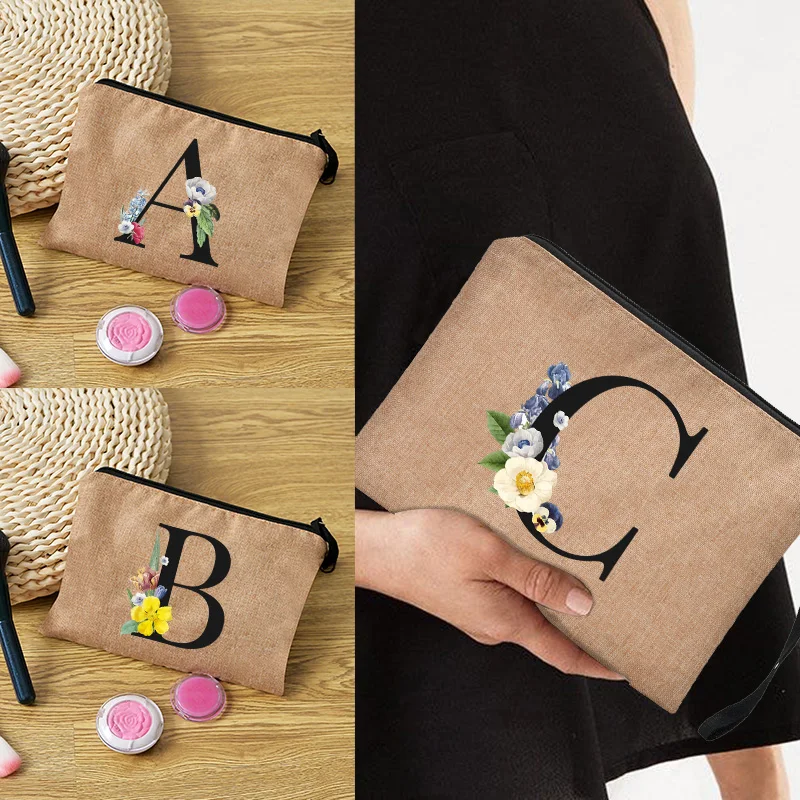 Floral Letter Print Women Linen Zipper Pouch Travel Organizer Case Mujer Bolsas Cosmetic Bag Makeup Bag Bridesmaid Makeup Bags