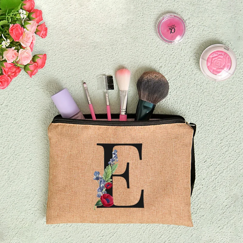 Floral Letter Print Women Linen Zipper Pouch Travel Organizer Case Mujer Bolsas Cosmetic Bag Makeup Bag Bridesmaid Makeup Bags