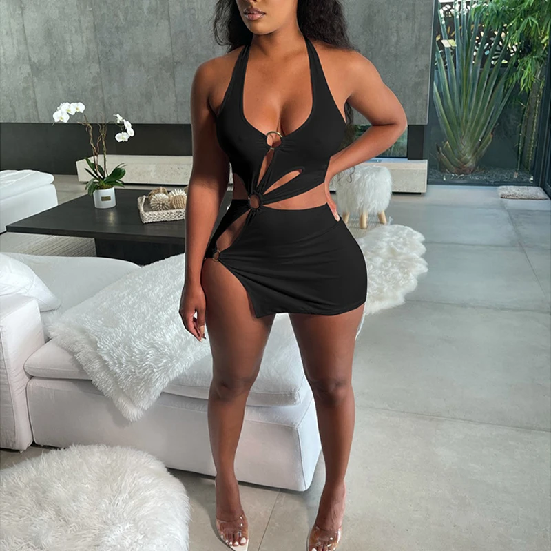 Summer Dresses Woman 2022 High Street Stretch Slim Hollow Sexy Mini Bodycon Dress Elegant Orange Sleeveless Club Party Sundress