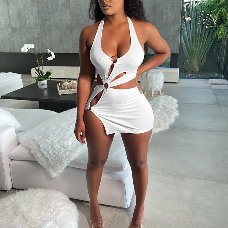 Summer Dresses Woman 2022 High Street Stretch Slim Hollow Sexy Mini Bodycon Dress Elegant Orange Sleeveless Club Party Sundress