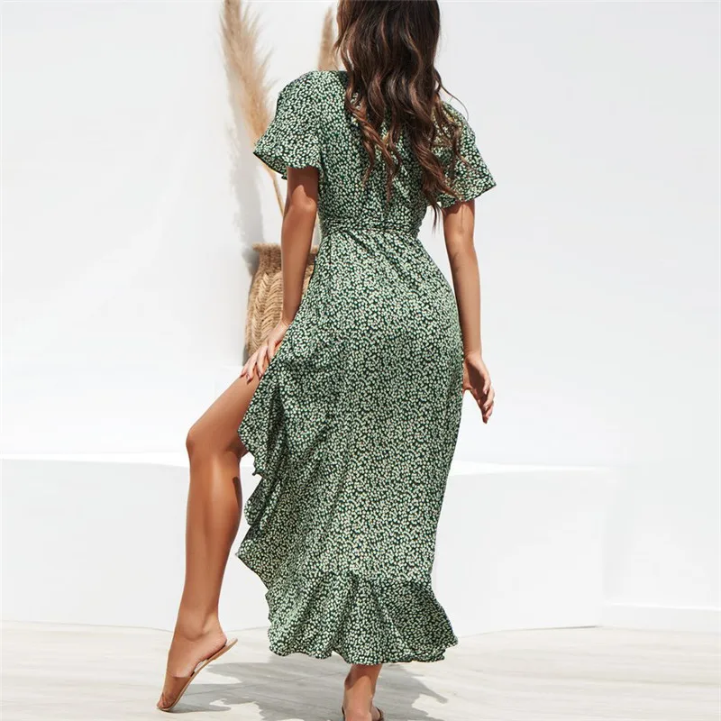Women Summer Dresses Bohemian Sexy V-Neck Irregular High Waist Lace-up Chiffon Print Dress Casual Beach Long Dress