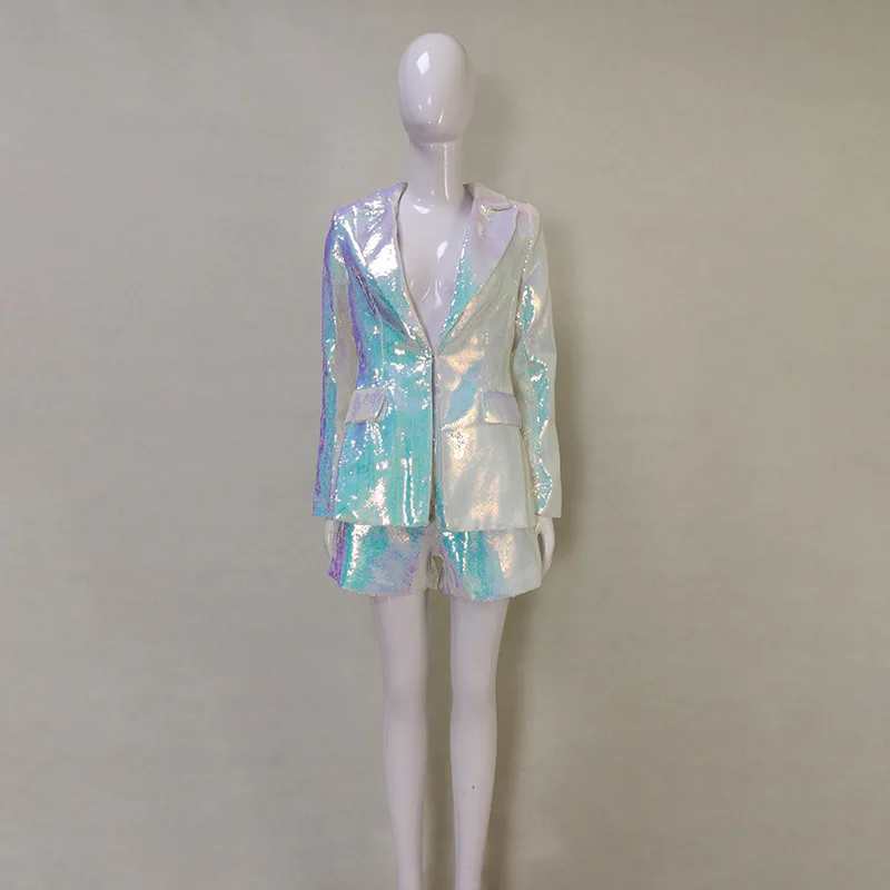 HIGH STREET Newest 2026 Stylish Designer Suit Set Women's Trim Single Button Sparkling Sequined Blazer Shorts Set